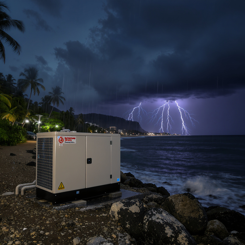 Malaysia monsoon-resilient backup generators for homes and factories delivering ROI, safety and MS IEC compliance, set against a night-time tropical coastline with storm clouds