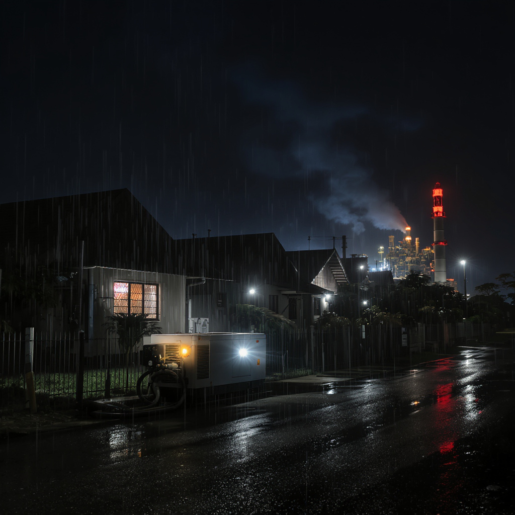 Monsoon night backup power keeping Malaysian homes and a factory illuminated