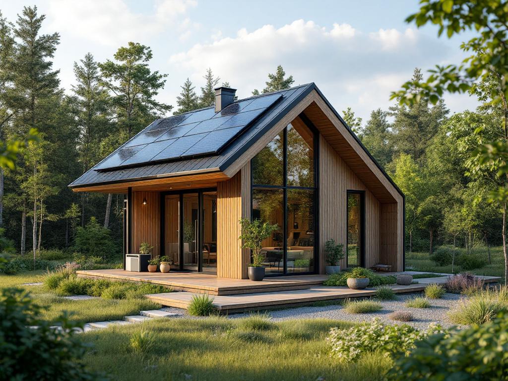 Modern sustainable cabin with solar panels, power generator, and battery storage