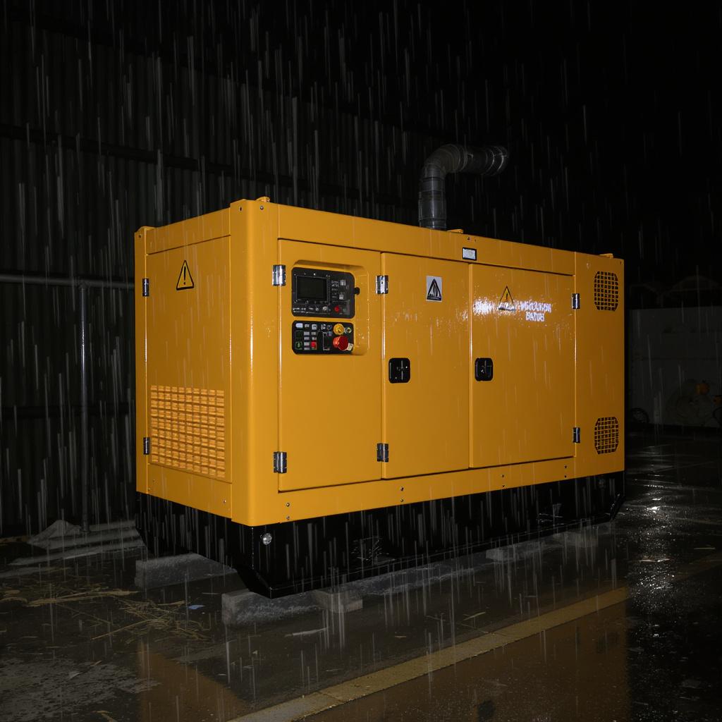 Backup generator in Malaysia operating at night during monsoon season