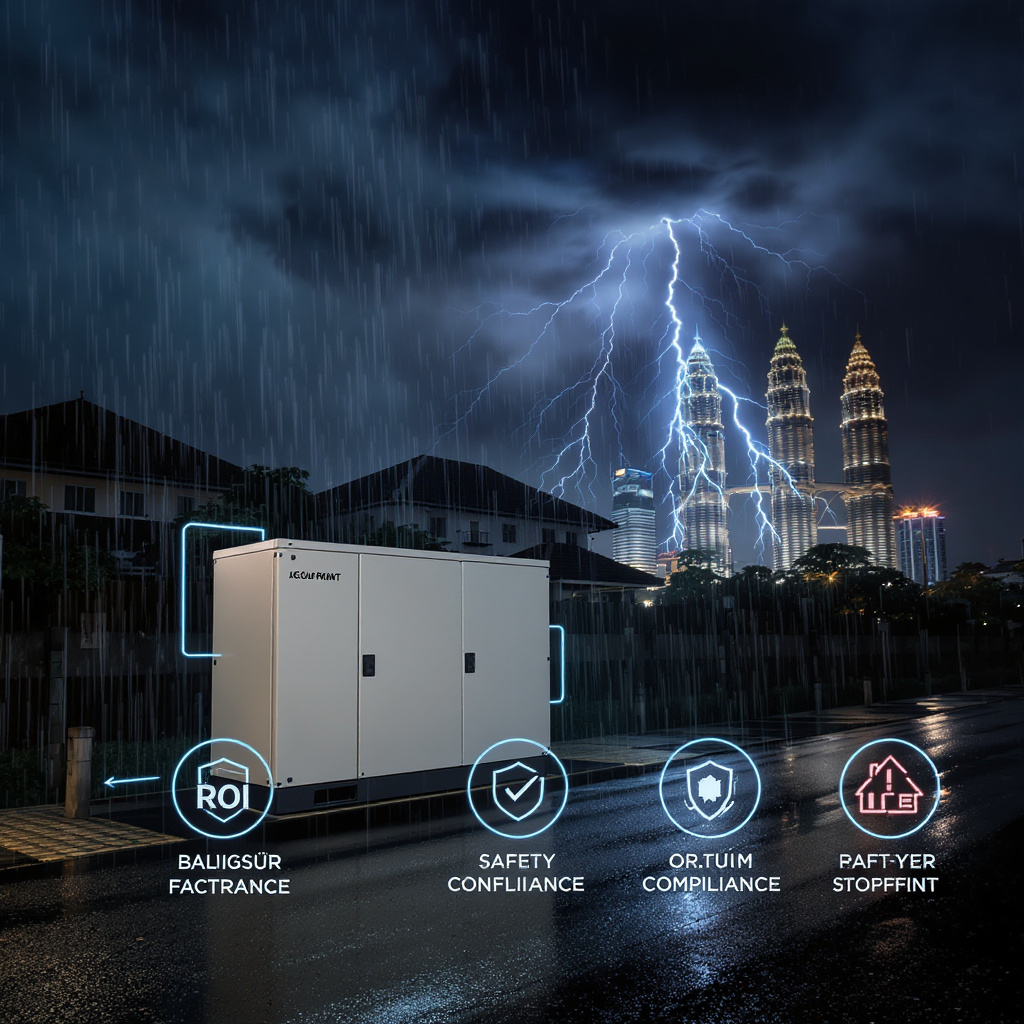 Night-time storm scene showing monsoon-proof backup power for Malaysian homes and factories