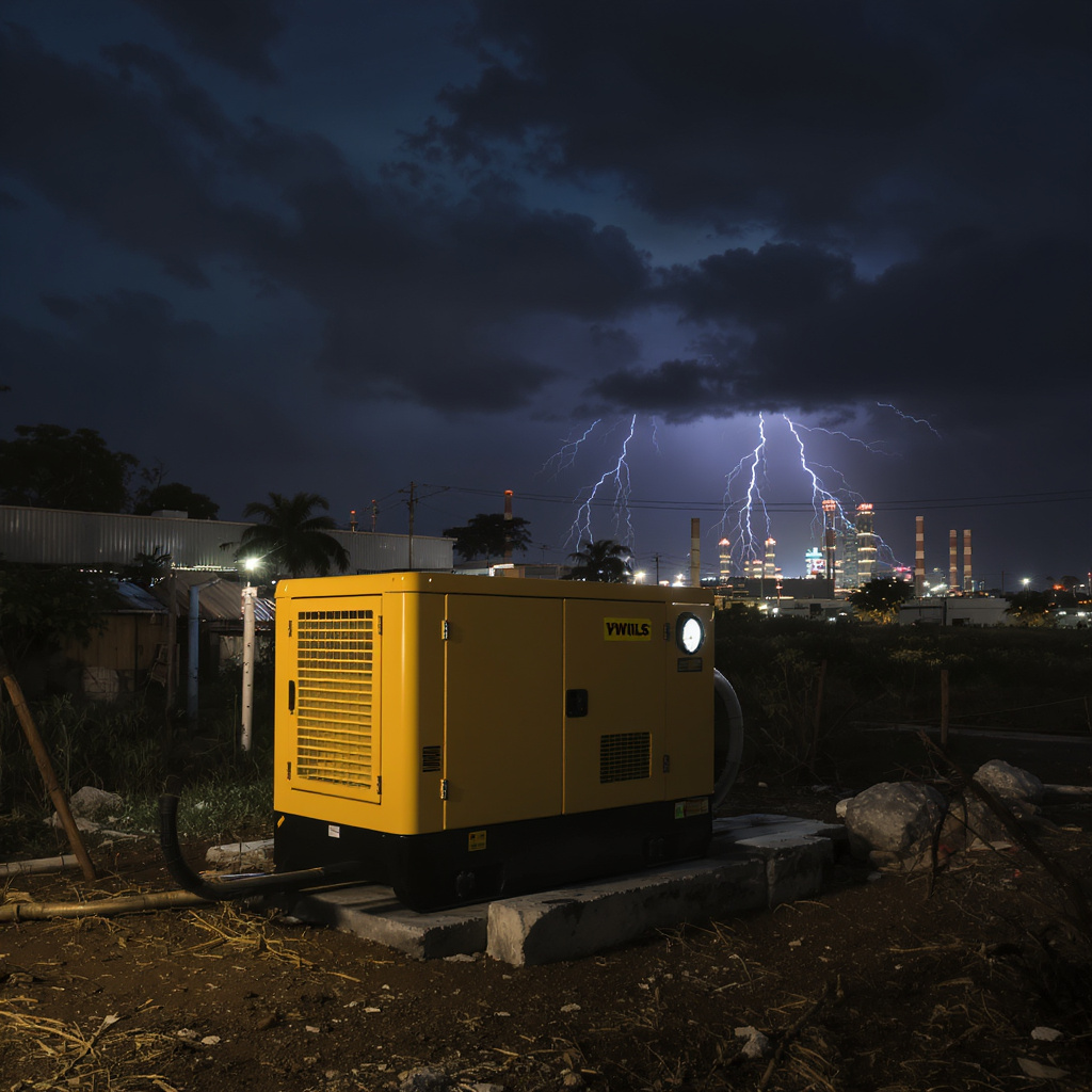 Backup generator ensuring uptime in a night-time coastal factory district during tropical storm