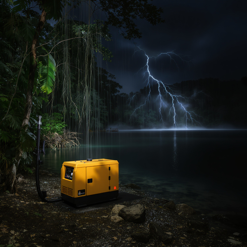 Night scene of monsoon-ready generator beside a rainforest lake in Malaysia