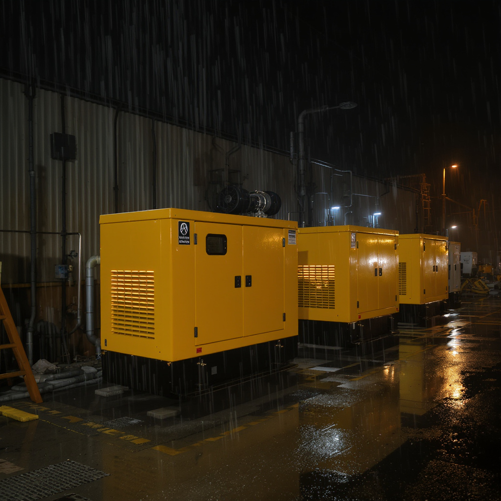 Night-time view of monsoon-ready backup generators supporting Malaysian homes and factories