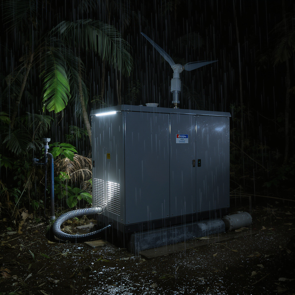 Nighttime tropical scene with standby power for Malaysian homes and factories