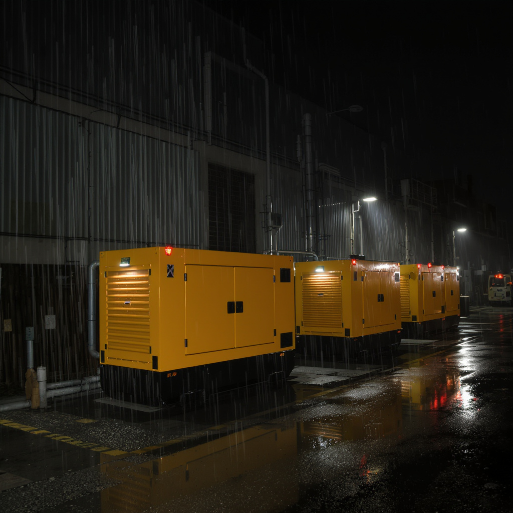 Night view of backup generators safeguarding Malaysian homes and factories