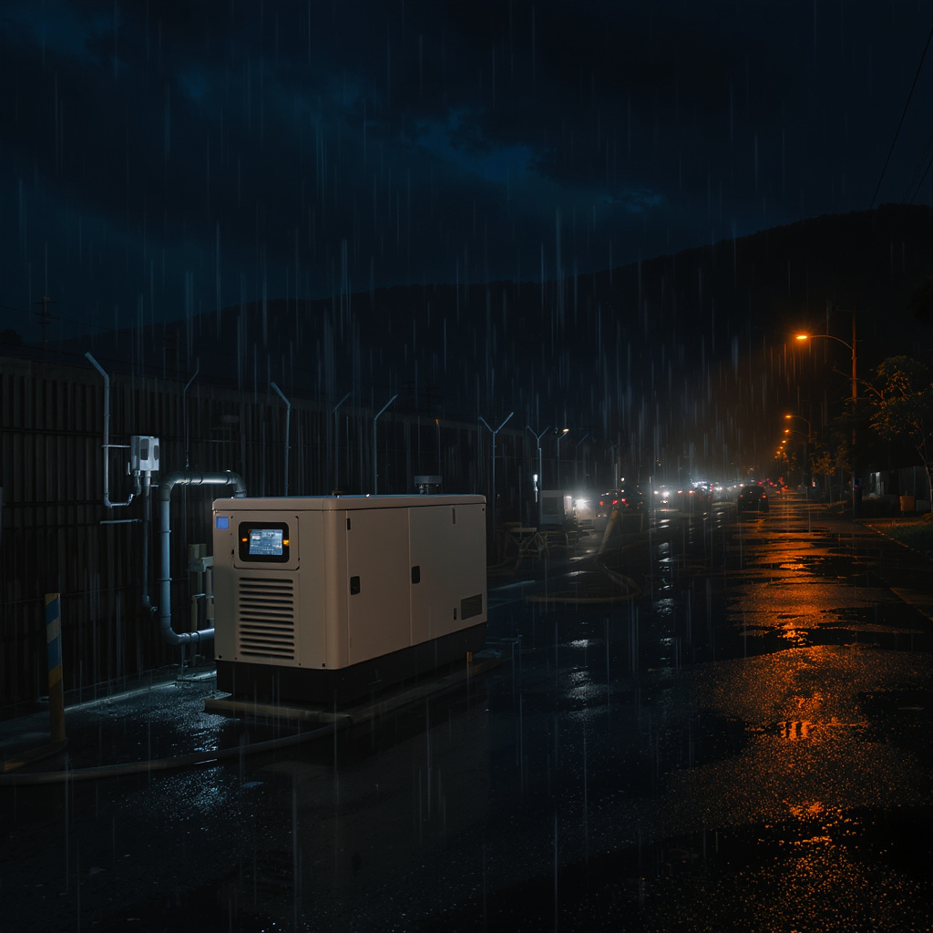 Night-time quiet low-emission generators in Malaysian storm