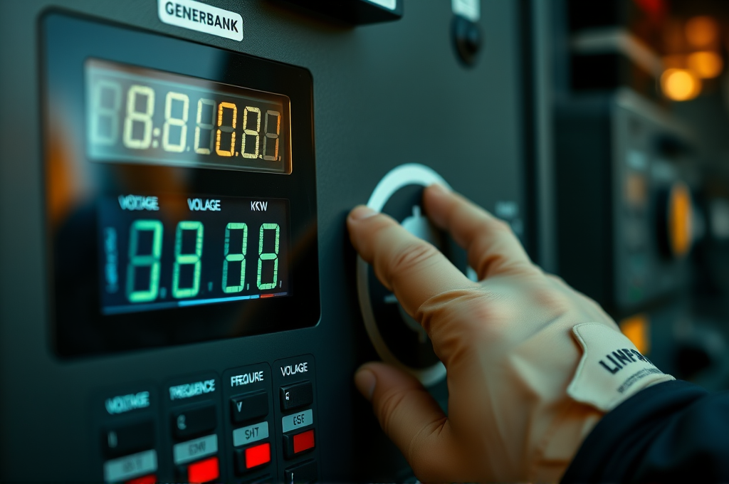 Panel kawalan load bank rental menunjukkan bacaan kW, voltan dan frekuensi semasa ujian genset di Malaysia