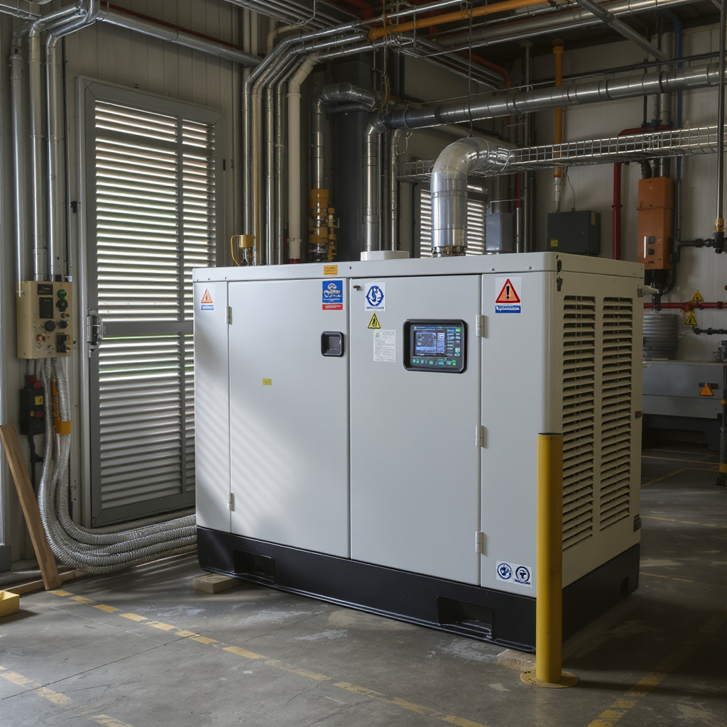 Small Malaysian factory plant room with 60kVA generator and ATS during heatwave