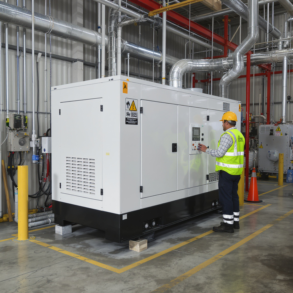 Commercial generator with acoustic canopy in a Malaysian light manufacturing plant