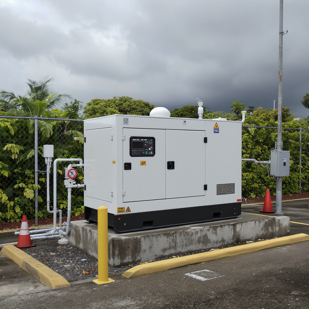Small Malaysian factory with 60 kVA diesel generator, acoustic enclosure and flood barrier