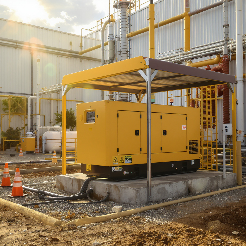 Commercial generator in an acoustic canopy powering a Malaysian factory during a brownout