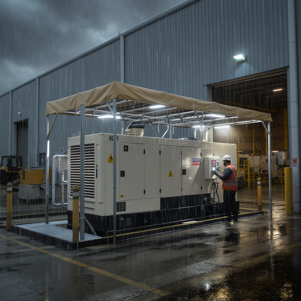 Factory standby generator ensuring uptime in monsoon storm