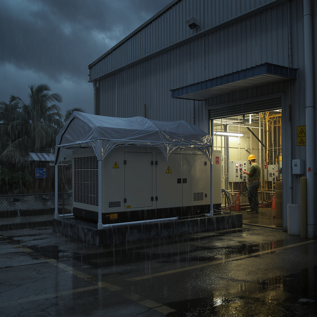 Small Malaysian factory with an acoustic canopy diesel generator during stormy weather