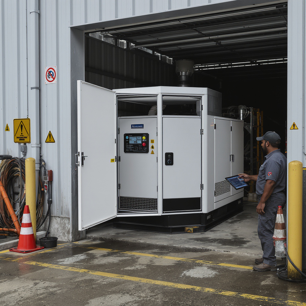 Small Malaysian factory with a 160 kVA generator and technician