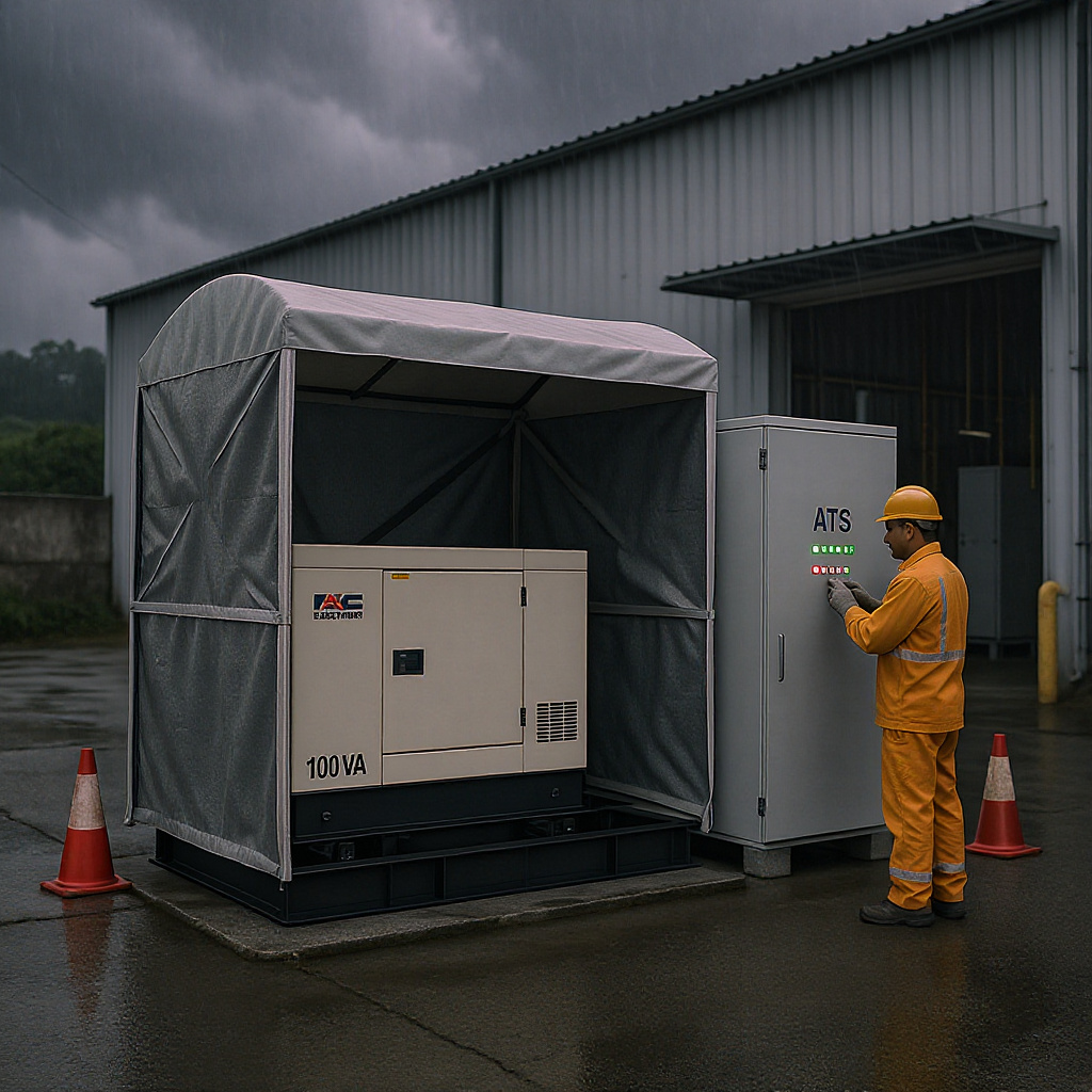 100 kVA generator and ATS outside a small Malaysian factory during stormy weather