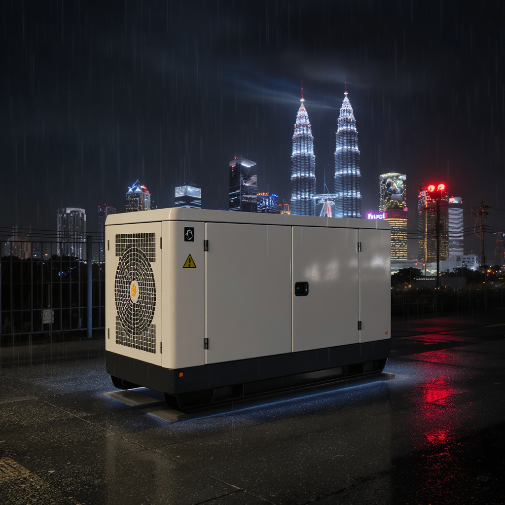 Silent hybrid backup generator with automatic transfer switch protecting Malaysian homes and factories during monsoon blackouts, night-time Kuala Lumpur skyline background