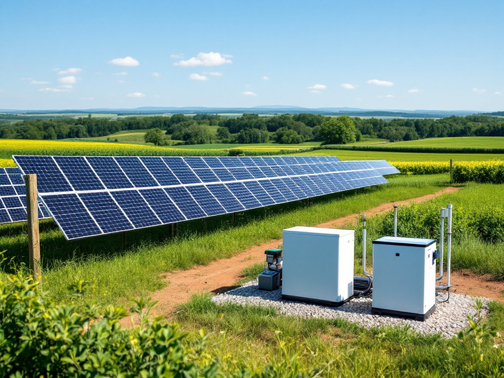 Solar panels and battery storage systems at a farm