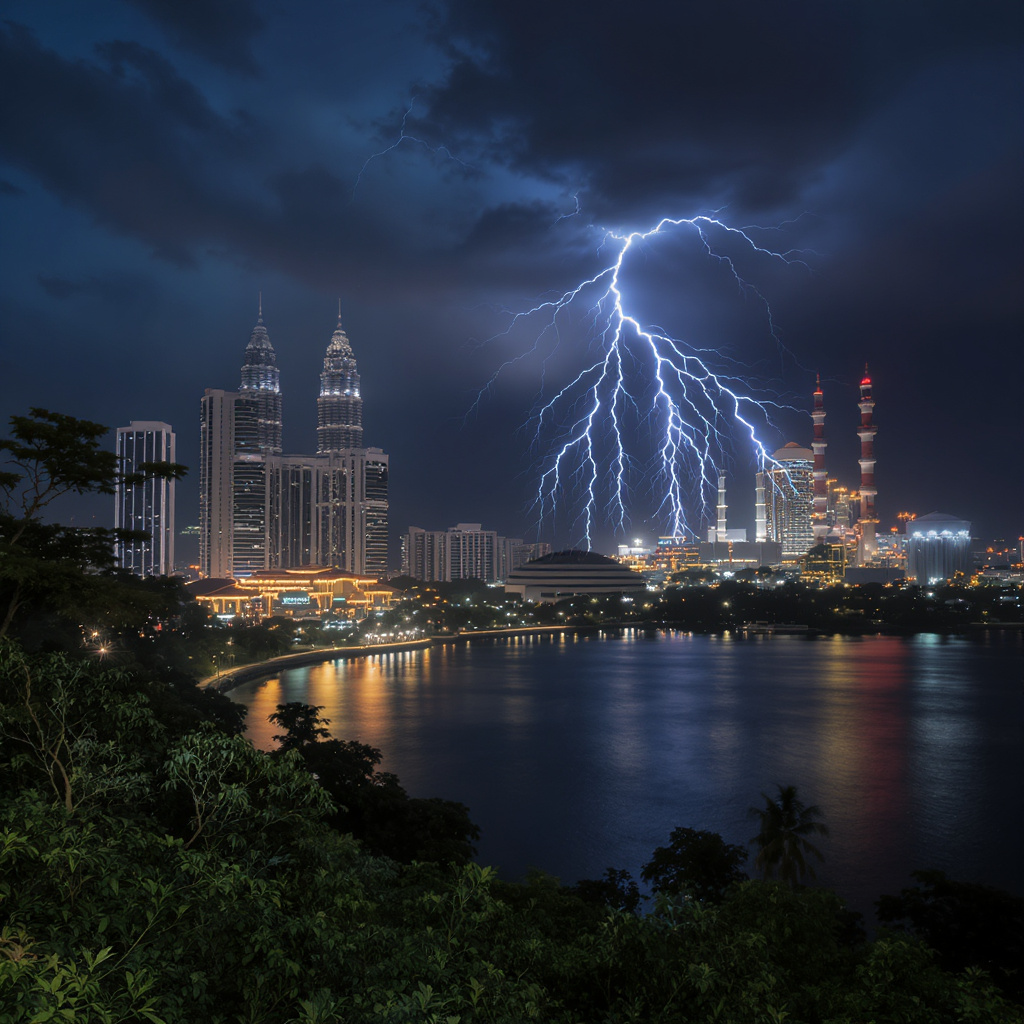 Storm-ready Malaysia integrated backup generator planning at night by a lake
