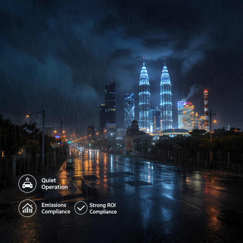 Night-time storm-resilient backup generator plan across Malaysian homes and factories