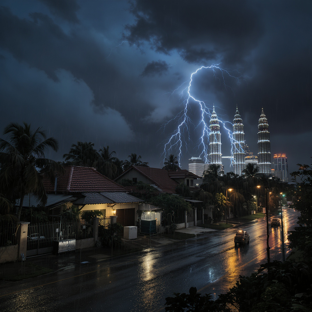 Night-time monsoon scene with backup generators powering Malaysian homes and factories