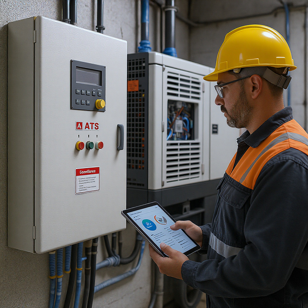 Electrician checking ATS panel in a small Malaysian factory