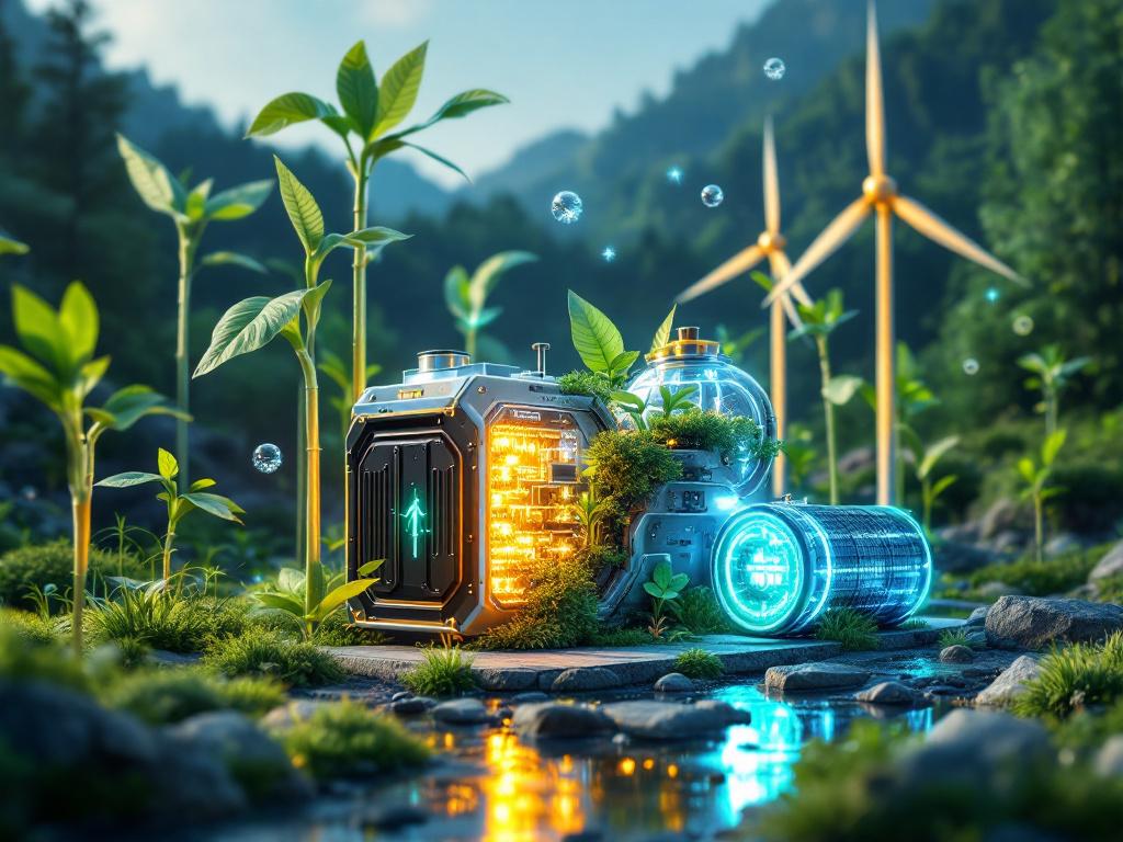 Sustainable energy solution with power generator and battery, futuristic design