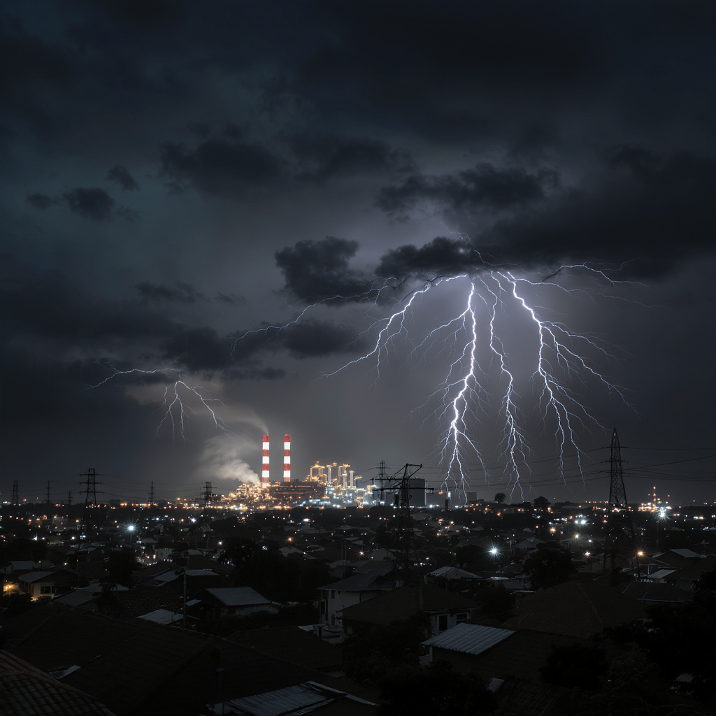 Nighttime view of Malaysian homes and industrial plant secured by backup power during monsoon