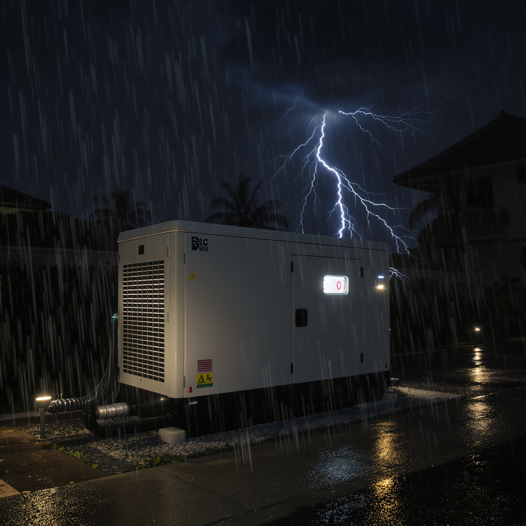 Uptime resilience for Malaysian homes and factories with low-noise, low-emission backup generator at night during a tropical monsoon storm