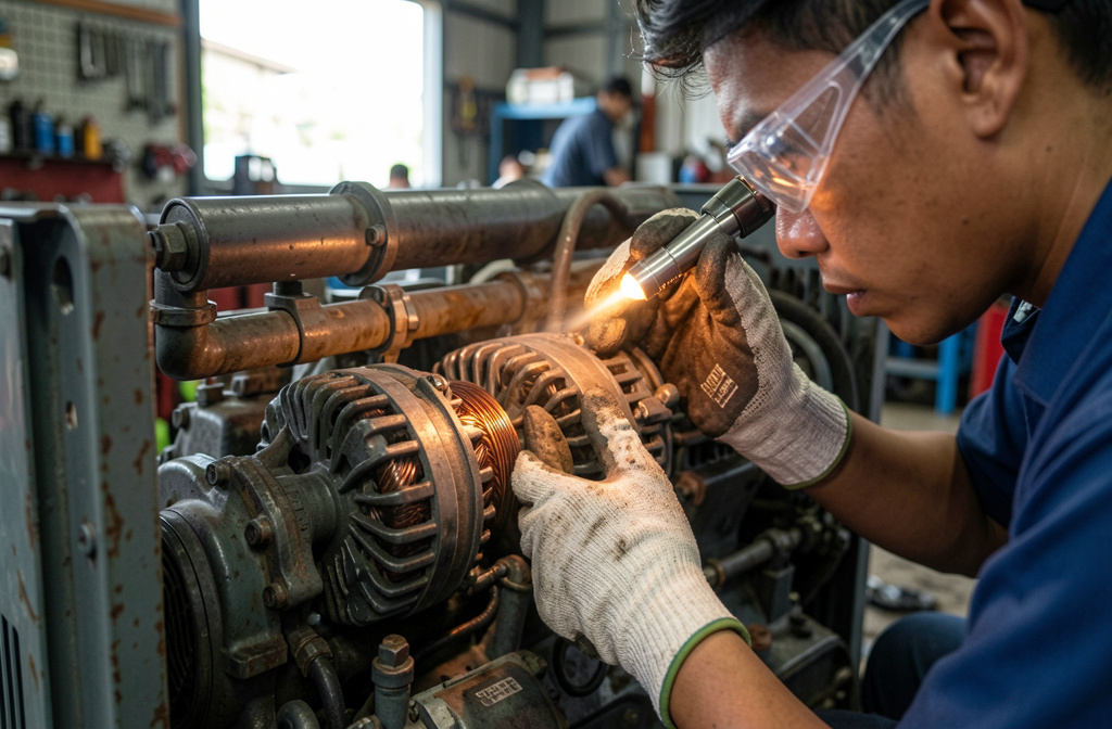 Technician inspecting the alternator of a 2nd hand generator for sale before purchase in Malaysia